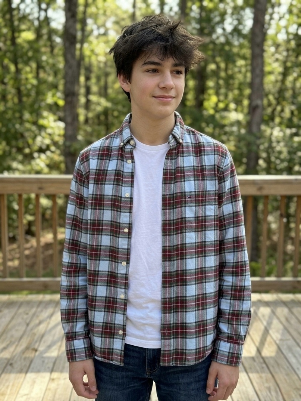 crown & ivy Light Blue and Red Plaid Button-Down Shirt